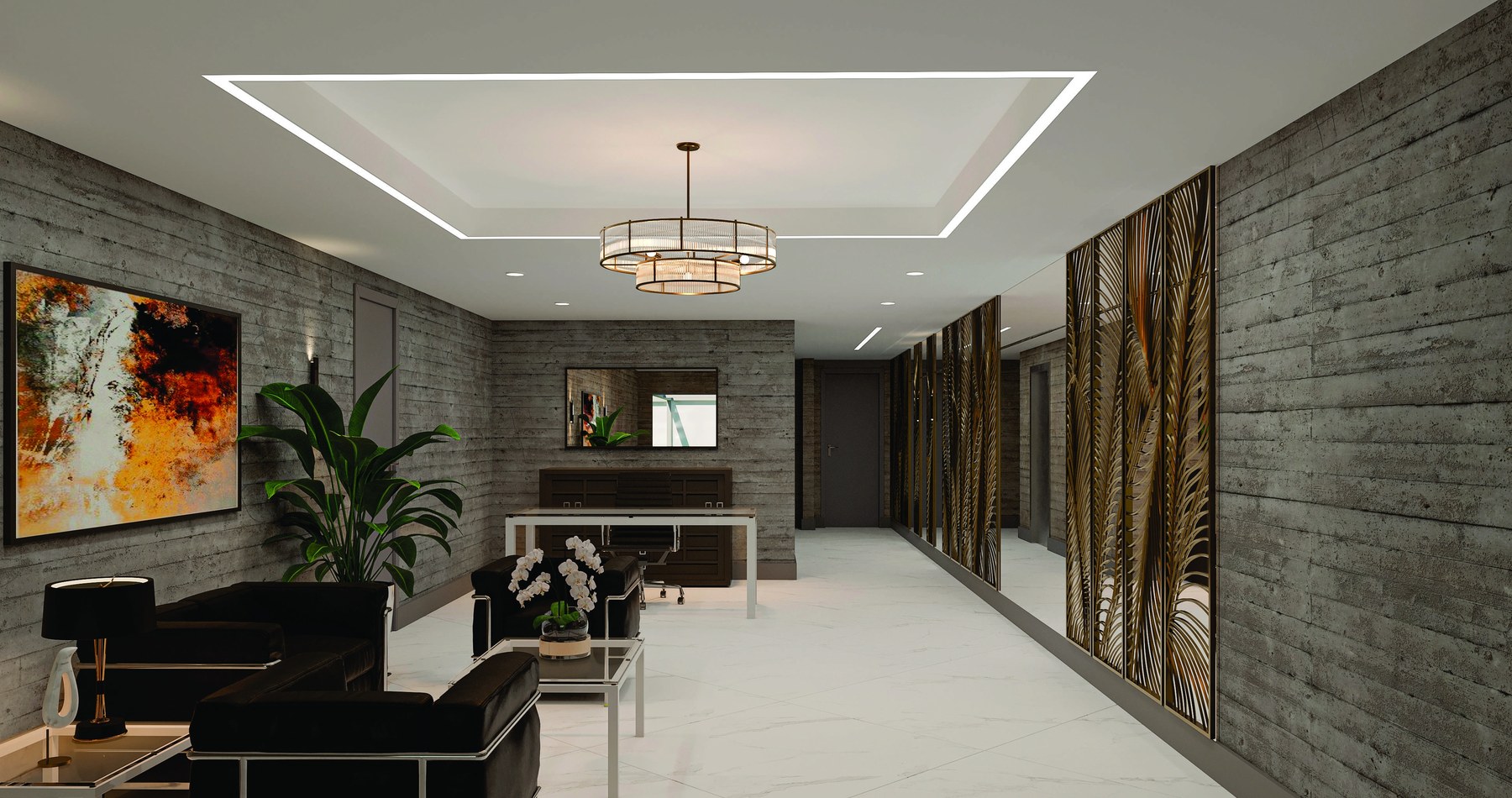 Hall social do ÉVORA em toda a sua extensão, com pé-direito alto, painel ripado em madeira, obra de arte e piso em porcelanato claro.