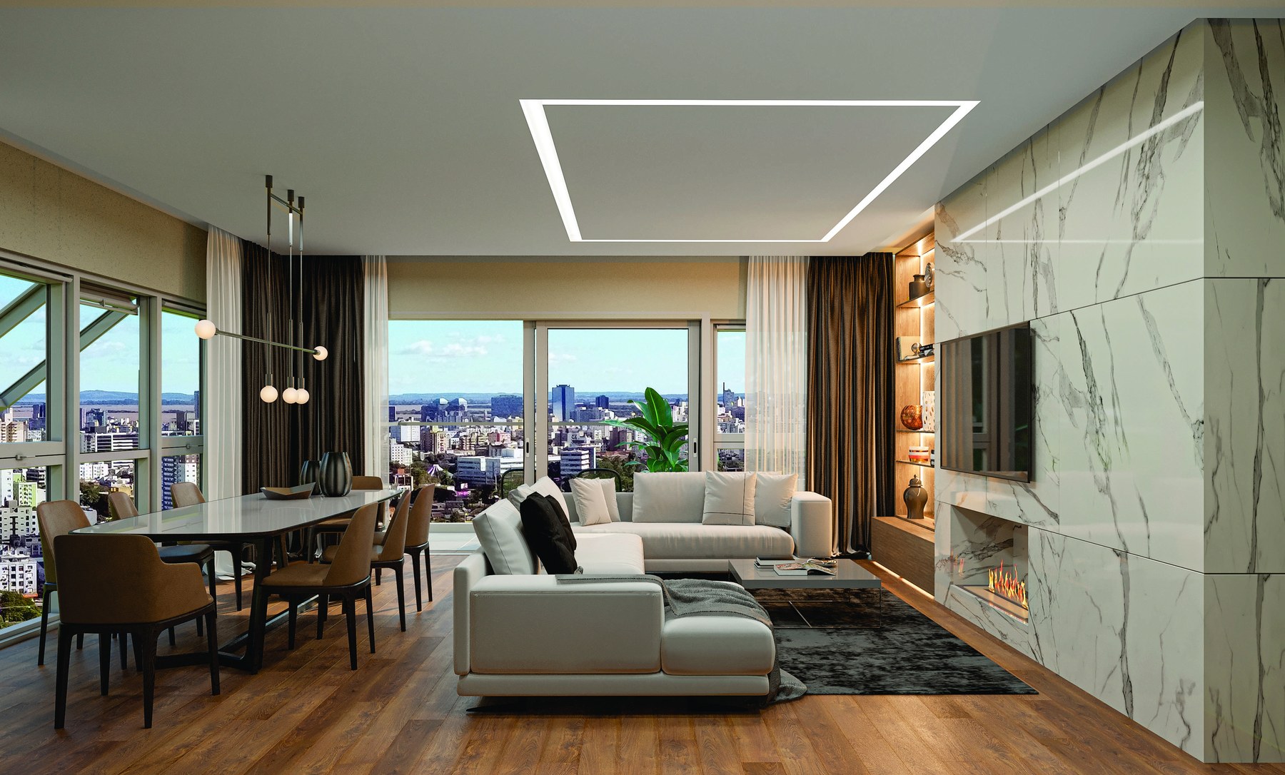 Living do apartamento final 02, com estar e jantar integrados, lareira central em painel de mármore e janelas panorâmicas.