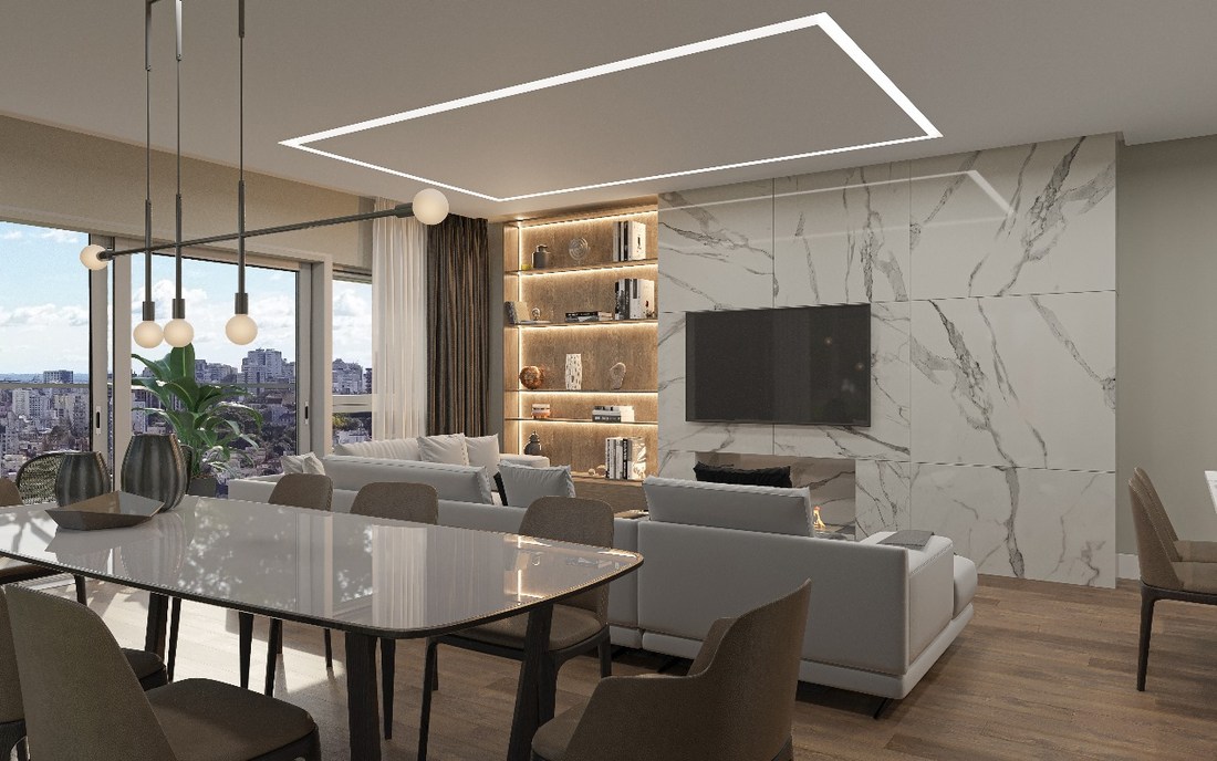 Jantar do apartamento final 02, com painel de mármore, lareira e televisor.