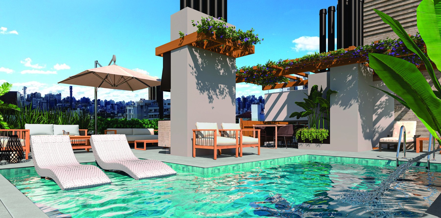 Piscina do ÉVORA com espreguiçadeiras, guarda-sol, pergolado e vegetação, com a paisagem da cidade ao fundo.