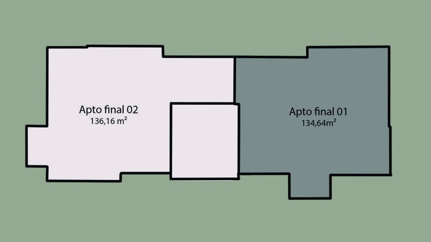 Diagrama de implantação do pavimento, com o apto final 01 destacado ao lado da outra unidade.
