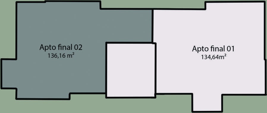 Diagrama de implantação do pavimento, com o apto final 02 destacado ao lado da outra unidade.