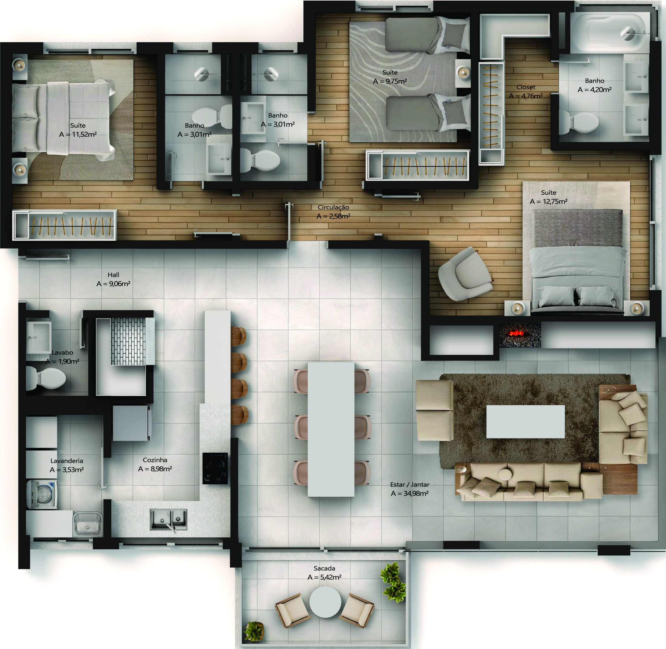 Planta baixa humanizada do apartamento final 01, com estar e jantar integrados, cozinha, três suítes, closet e sacada.