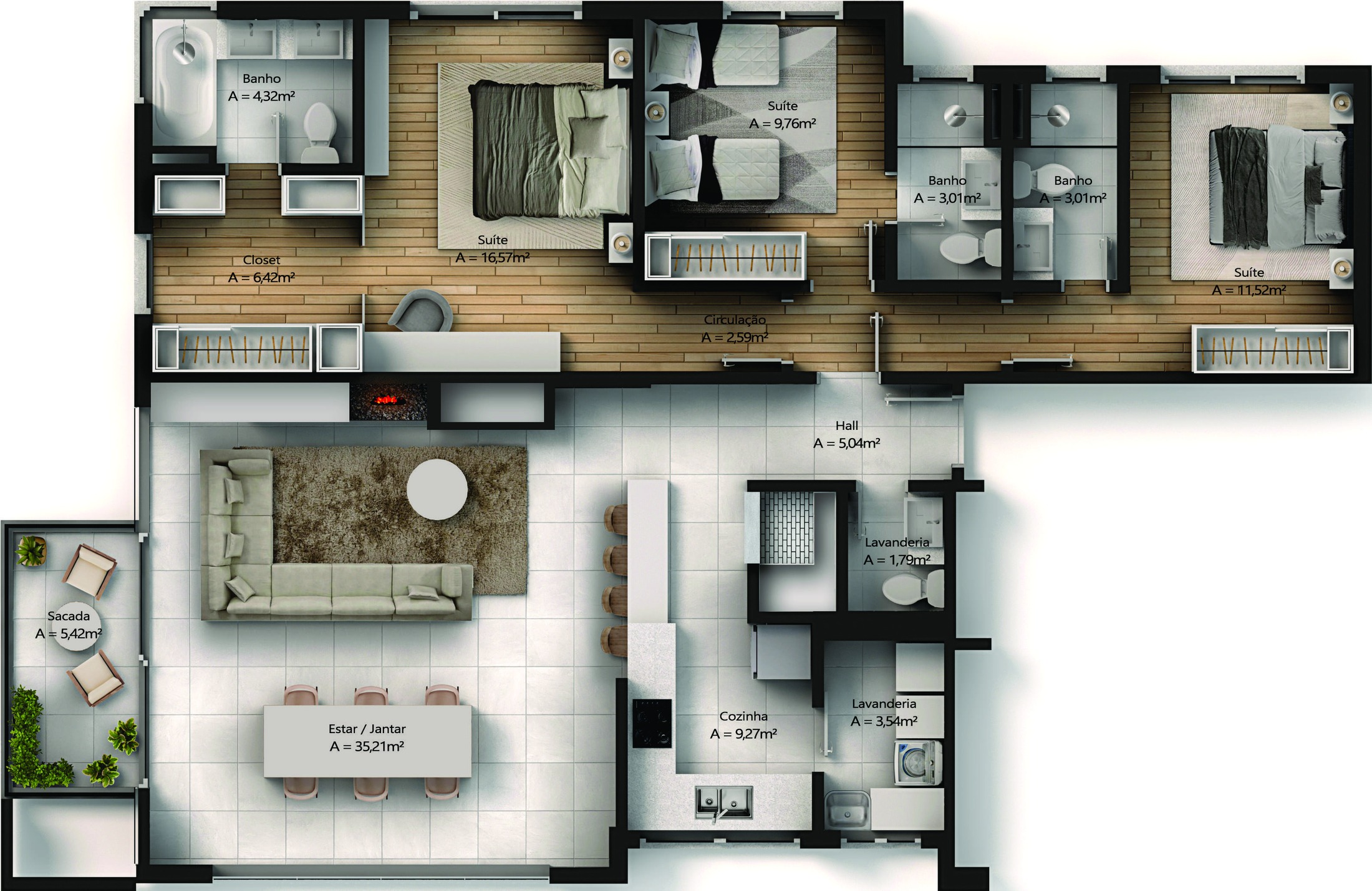 Planta baixa humanizada do apartamento final 02, com estar e jantar integrados, cozinha, três suítes, closet e sacada.
