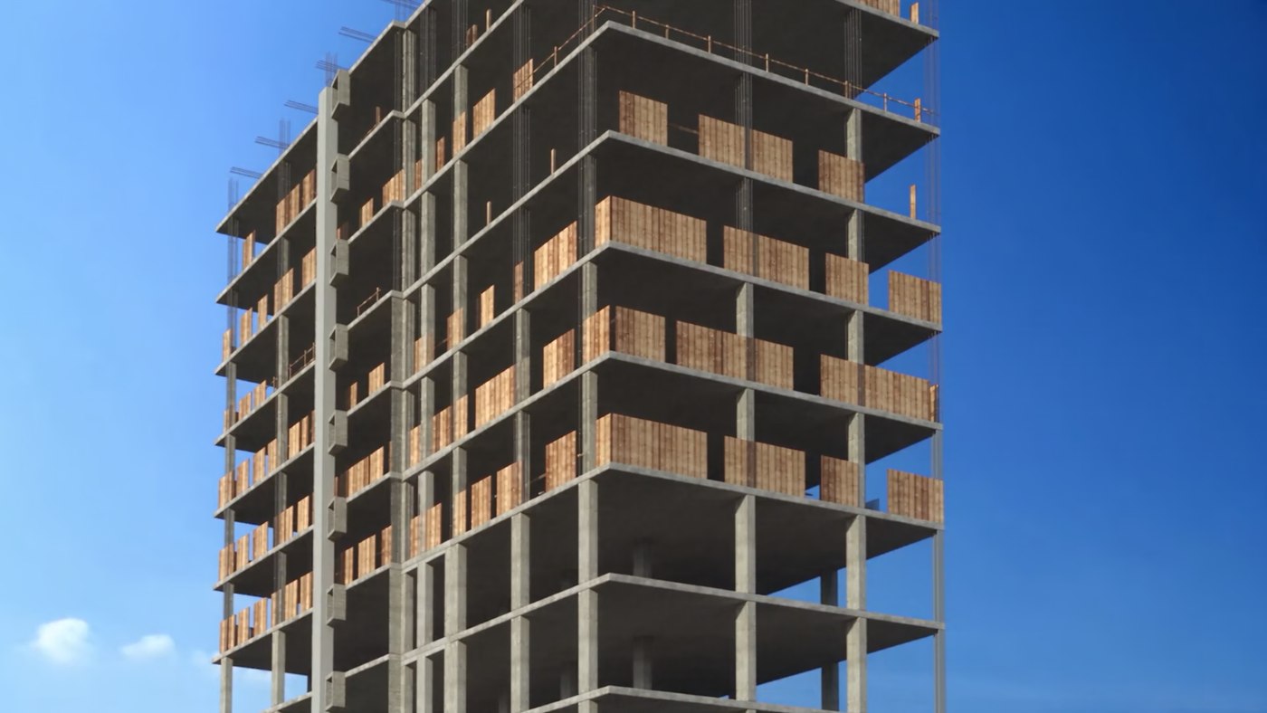 Estrutura de concreto do ÉVORA em obra, antes do fechamento da fachada.